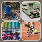hobby finden 4 bilder mundharmonikaspieler platine microcontroller farbige fäden schere tennisschläger auf tennisplatz
