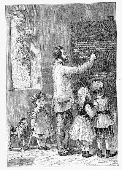 Lehrer mit 3 Schuelern Tafel Gymnasiasten 19. Jahrhundert schwarz-weiß