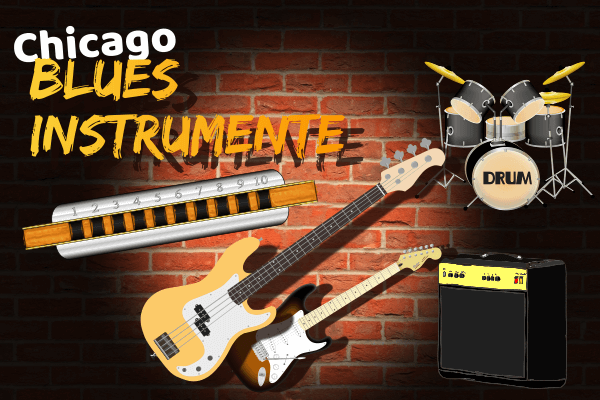 Typische Instrumente Chicago-Blues: Blues Harp Mundharmonika mit Verstärker/Amp, E-Gitarre, E-Bass, Schlagzeug