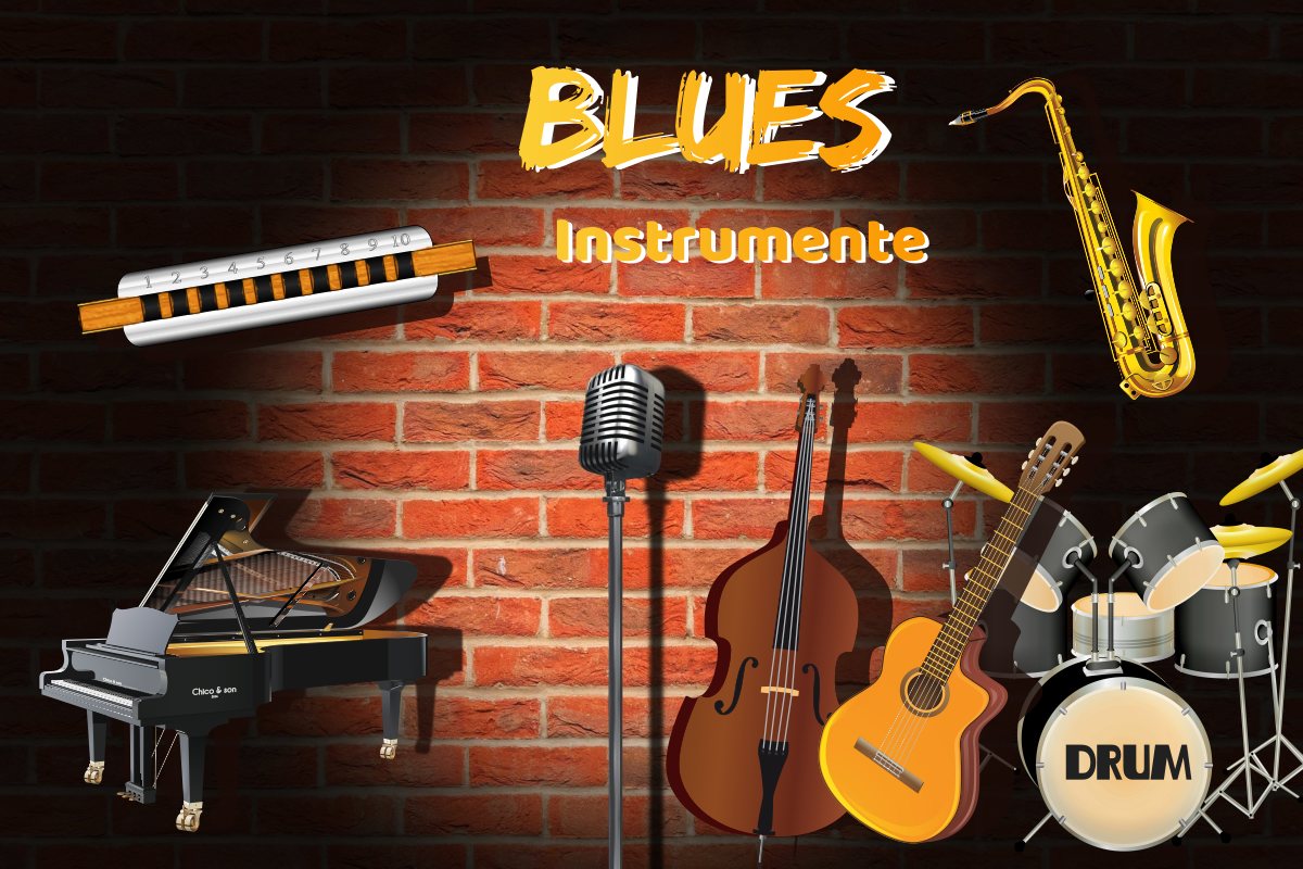 typische blues instrumente: mundharmonika blues harp, gitarren, schlagzeug
