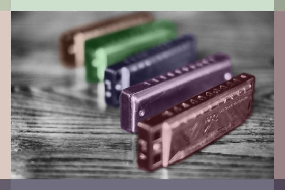 fuenf aufgestellte blues harp mundharmonikas auf einer holz tischplatte farblich hervorgehoben