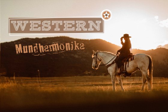 Western Mundharmonika Prärie Reiterin auf weißem Pferd Sonnenuntergang